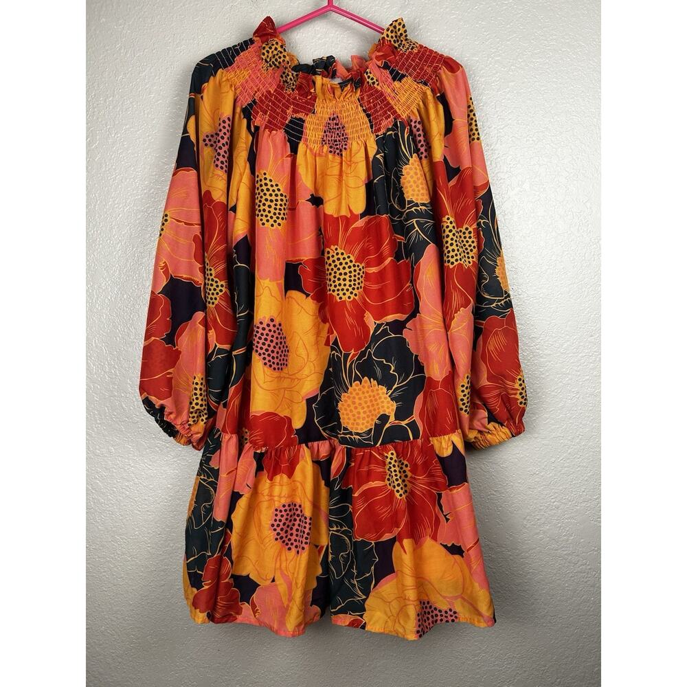 J. Marie Floral Tiered Ruffle A-Line Mini Dress Red Orange Pink Size M Smocked